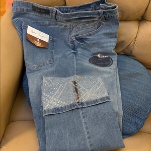 NWT COPPER FLASH Light Blue Rhinestone Up Cuffed Designer Bling Jeans.Womens 12
